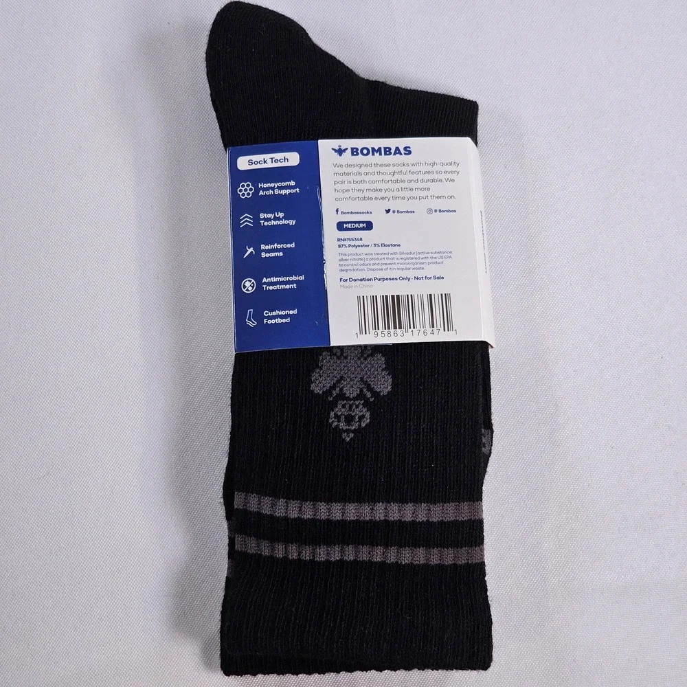 New Bombas Calf Socks Black Grey Stripe Crown Logo Honeycomb Arch Support Medium